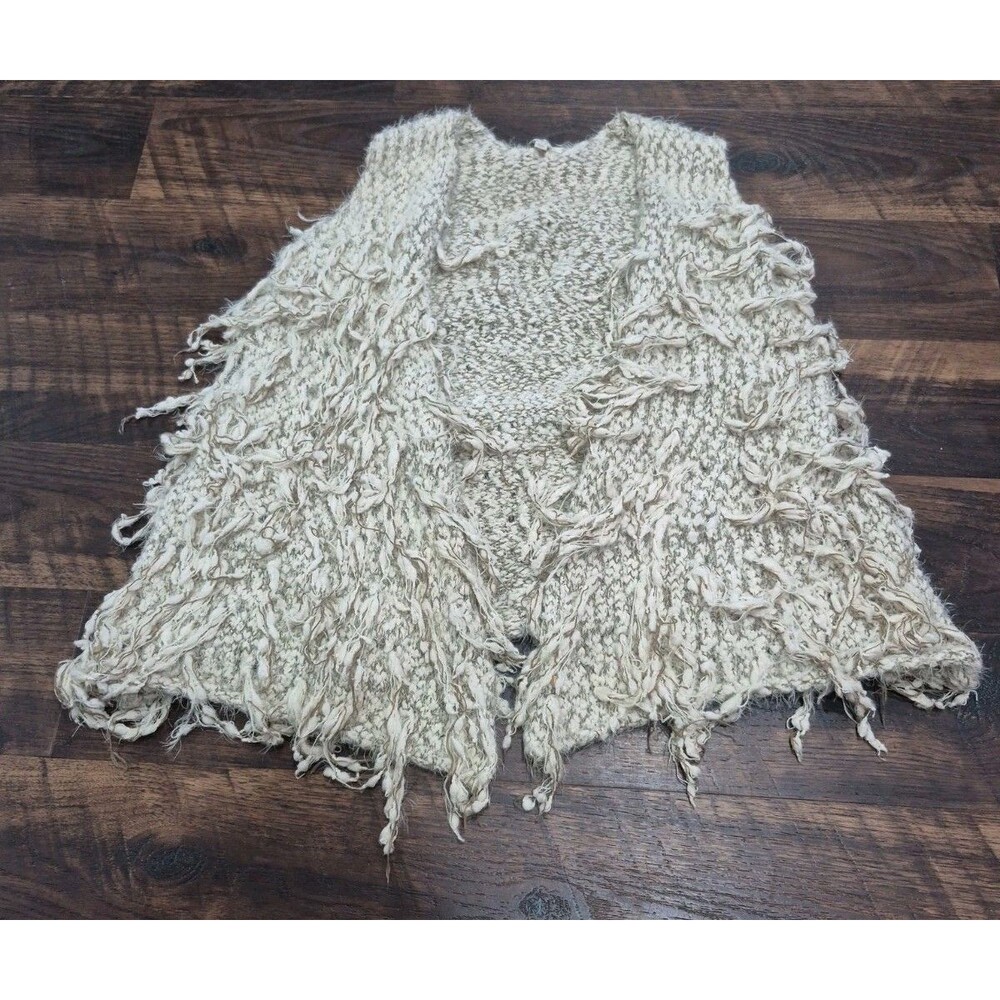 Umgee Womens M/L Open Front  Chunky Knit Fringe  Cardigan Sweater Tan  Boho